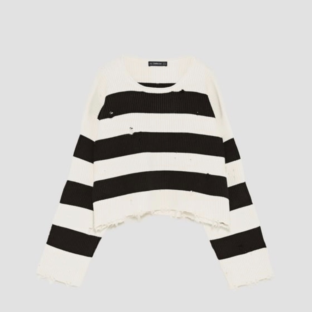 Zara Distressed Black & White Striped Sweater